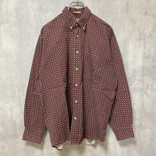 古着 used　natural issue　長袖総柄シャツ　ワインレッド　えんじ色　レトロ　個性的　デザイン　Lサイズ