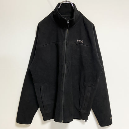 古着 used　FILA　フィラ　長袖ハイネックフリースジャケット　ワンポイント刺繍　シンプル　黒　ブラック　秋冬服　Mサイズ