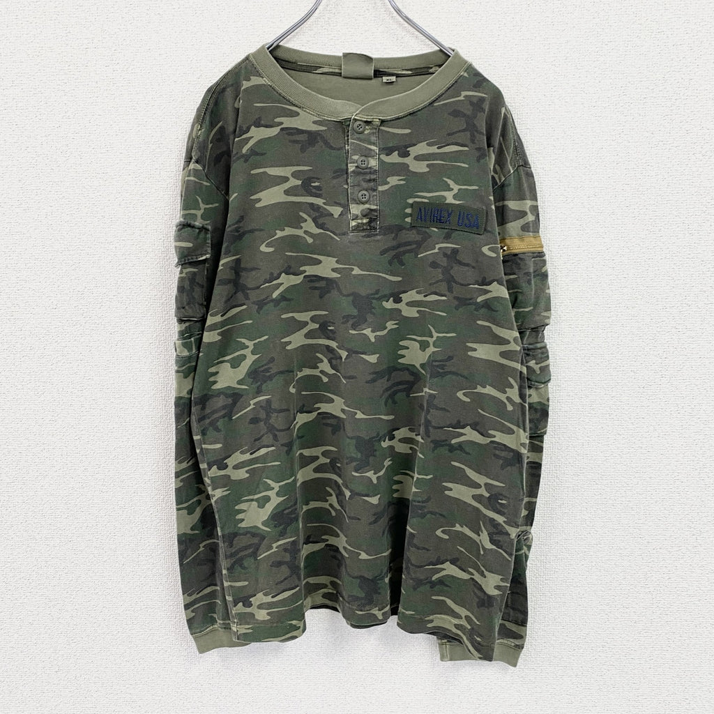 AVIREX　アヴィレックス　長袖Tシャツ/ロンT　ヘンリーネック　迷彩　カモフラ　カーキ　XLサイズ