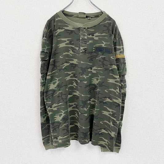 AVIREX　アヴィレックス　長袖Tシャツ/ロンT　ヘンリーネック　迷彩　カモフラ　カーキ　XLサイズ