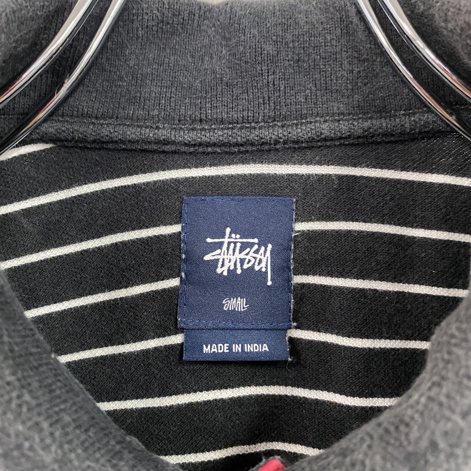 stussy　ステューシー　半袖ポロシャツ　刺繡ロゴ　ボーダー柄　黒　ブラック　Sサイズ