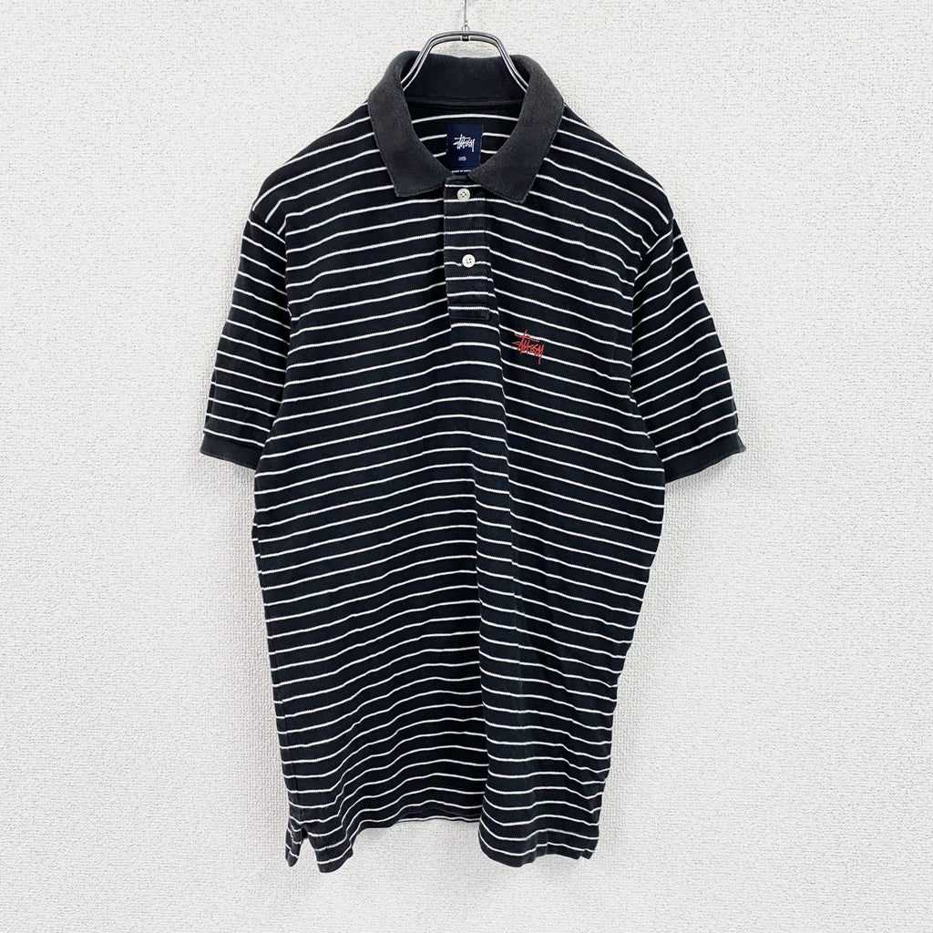 stussy　ステューシー　半袖ポロシャツ　刺繡ロゴ　ボーダー柄　黒　ブラック　Sサイズ