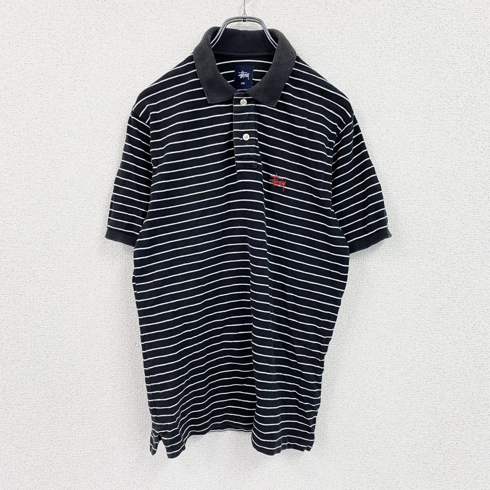 stussy　ステューシー　半袖ポロシャツ　刺繡ロゴ　ボーダー柄　黒　ブラック　Sサイズ