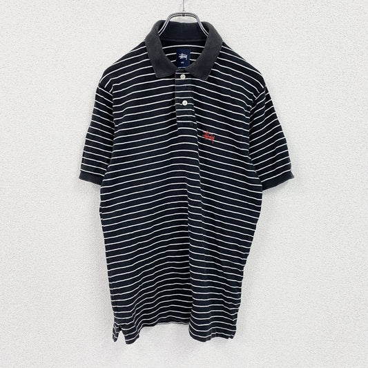 stussy　ステューシー　半袖ポロシャツ　刺繡ロゴ　ボーダー柄　黒　ブラック　Sサイズ