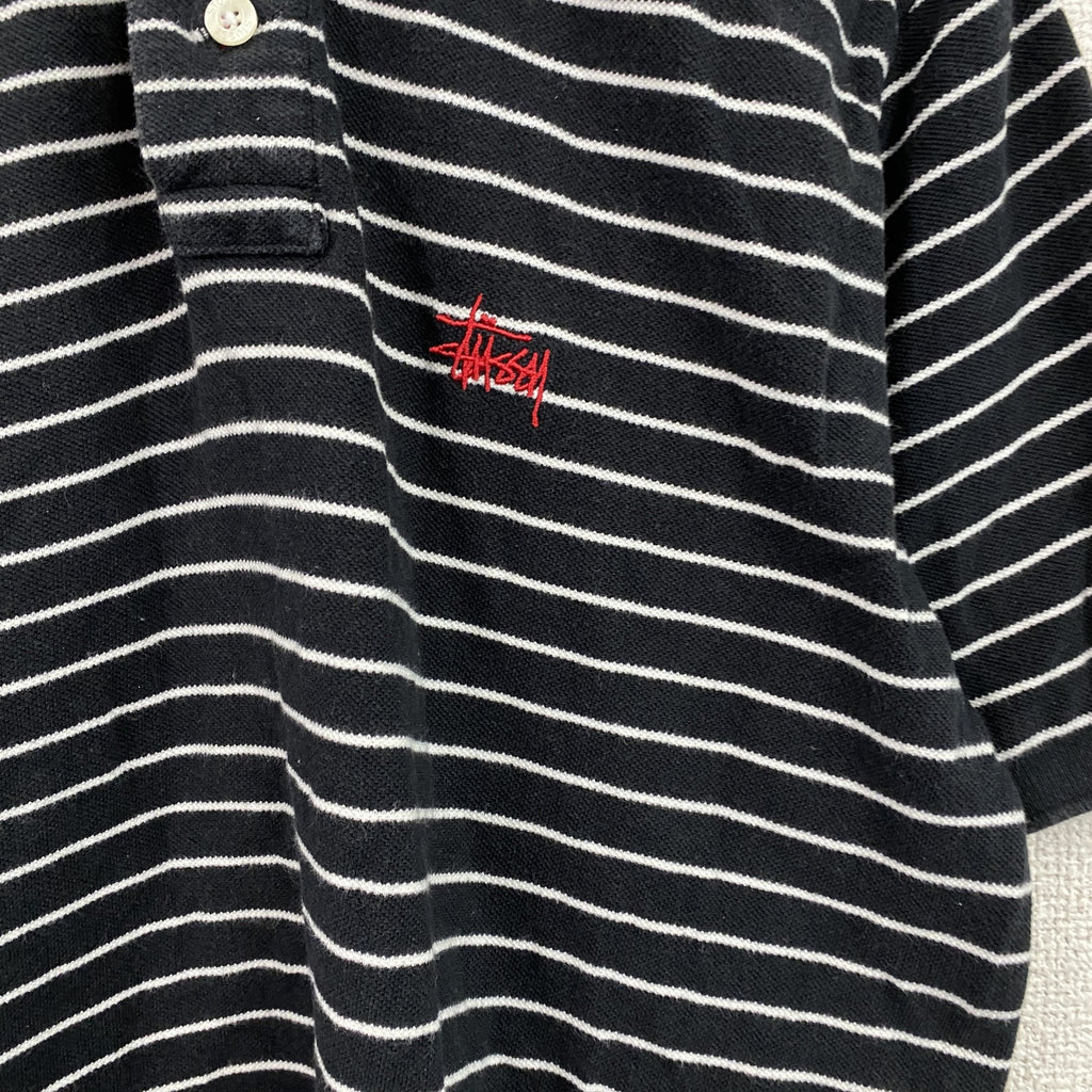 stussy　ステューシー　半袖ポロシャツ　刺繡ロゴ　ボーダー柄　黒　ブラック　Sサイズ