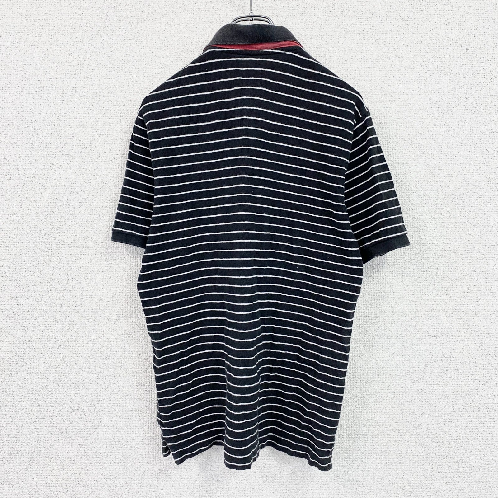 stussy　ステューシー　半袖ポロシャツ　刺繡ロゴ　ボーダー柄　黒　ブラック　Sサイズ