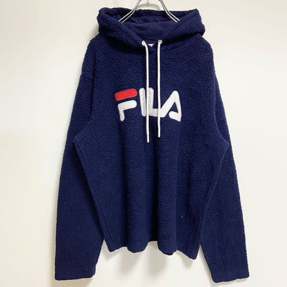 古着 used　FILA　フィラ　長袖ワッペン刺繍フリースパーカー　ボアフーディー　紺　ネイビー　ビッグシルエット　2XLサイズ