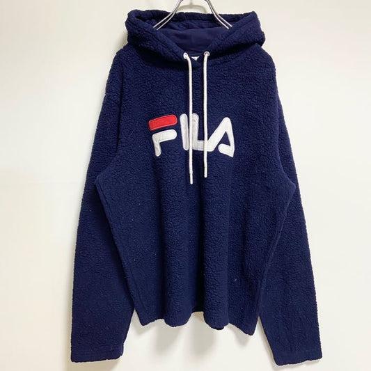 古着 used　FILA　フィラ　長袖ワッペン刺繍フリースパーカー　ボアフーディー　紺　ネイビー　ビッグシルエット　2XLサイズ