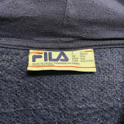 古着 used　FILA　フィラ　長袖ワッペン刺繍フリースパーカー　ボアフーディー　紺　ネイビー　ビッグシルエット　2XLサイズ