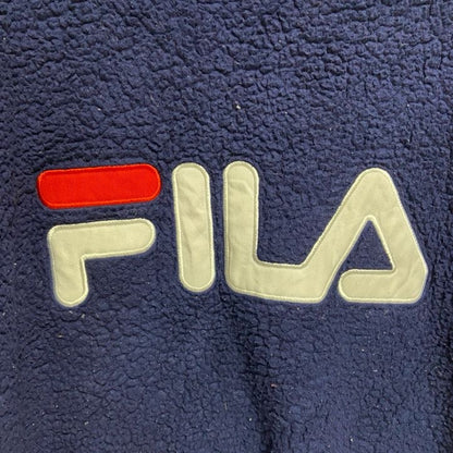 古着 used　FILA　フィラ　長袖ワッペン刺繍フリースパーカー　ボアフーディー　紺　ネイビー　ビッグシルエット　2XLサイズ