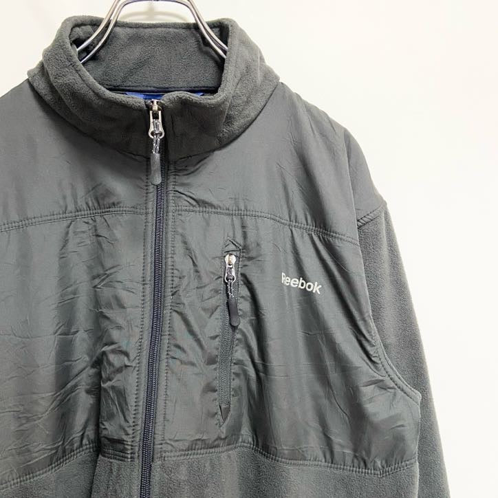 古着 used　Reebok　リーボック　長袖異素材切替フリースジャケット　ハイネックアウター　ロゴプリント　グレー　秋冬服
