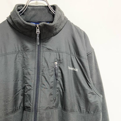 古着 used　Reebok　リーボック　長袖異素材切替フリースジャケット　ハイネックアウター　ロゴプリント　グレー　秋冬服