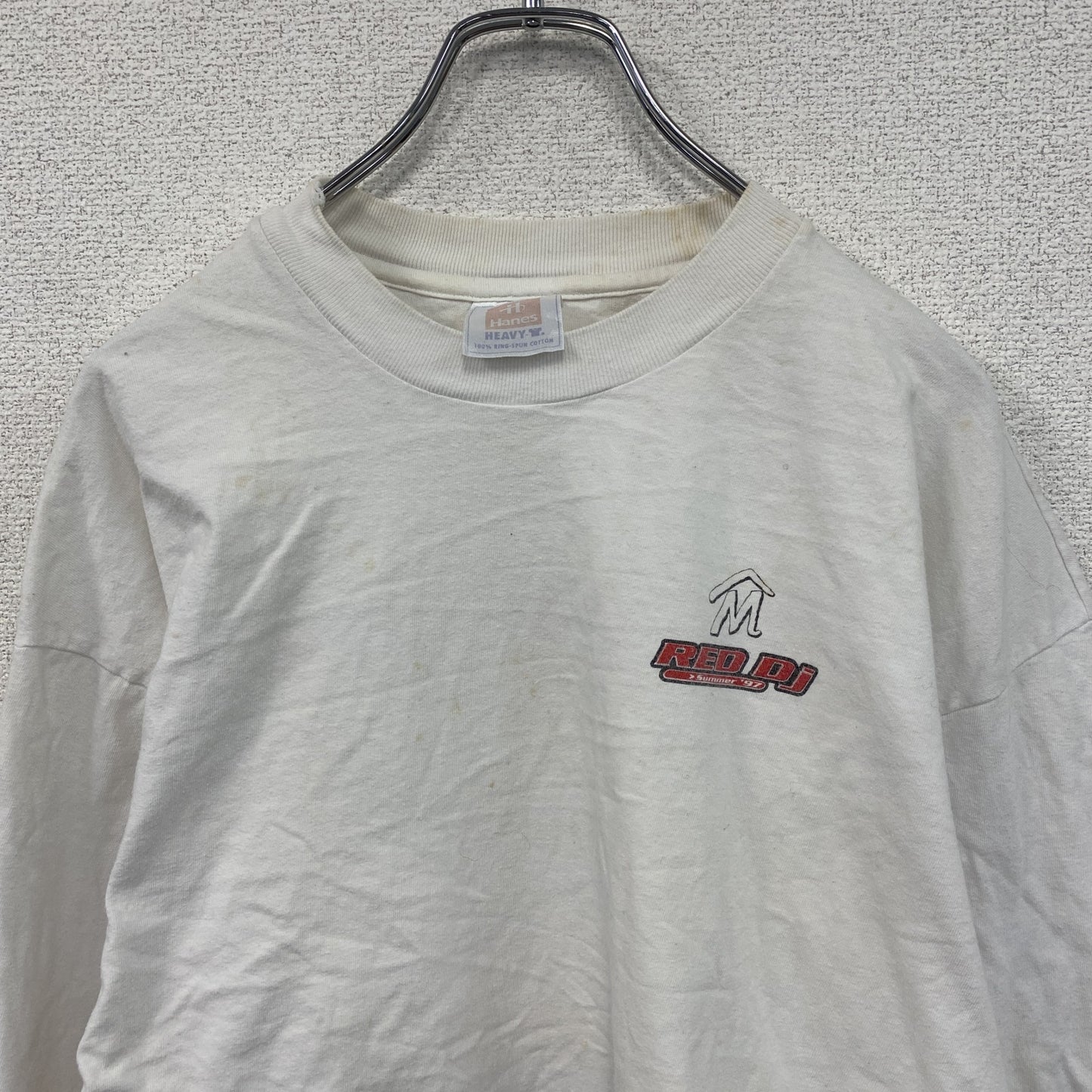 00s　Hanes　ヘインズ　長袖プリントTシャツ　ヴィンテージ　RED DJ　白　ホワイト　