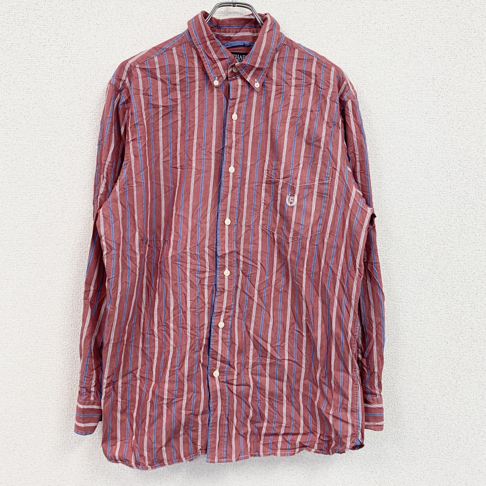 90s～　CHAPS　チャップス　長袖ボタンダウンシャツ　ヴィンテージ　ストライプ柄　赤　レッド　Lサイズ