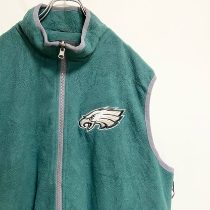 古着 used　NFL　フィラデルフィアイーグルス　ジップアップハイネックベスト　フリース生地　ワンポイント刺繍　緑　Lサイズ
