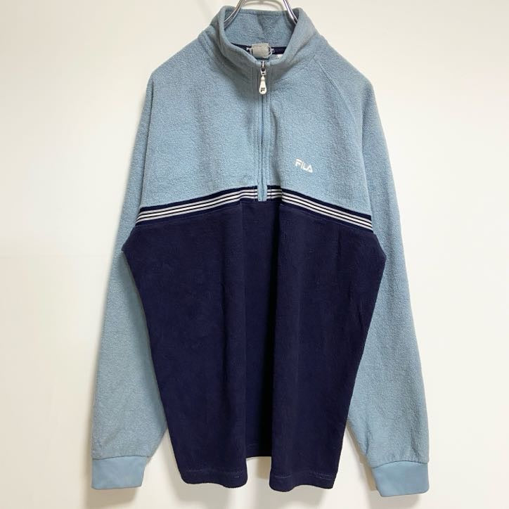 古着 used　FILA　フィラ　長袖ハーフジップフリースジャケット　ワンポイント刺繍　ハイネック　水色　ネイビー　Mサイズ