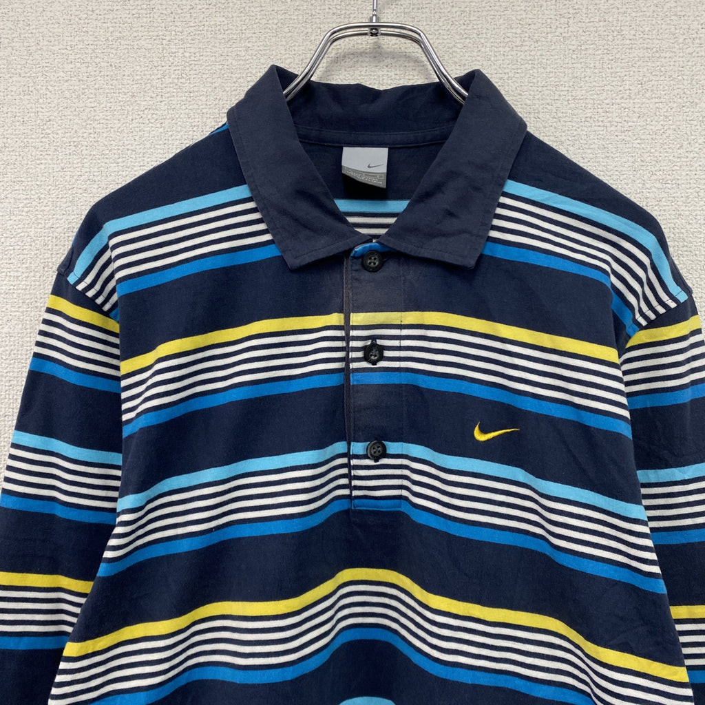 NIKE　ナイキ　長袖ポロシャツ　スウッシュ　ボーダー　マルチカラー　紺　ネイビー　Lサイズ