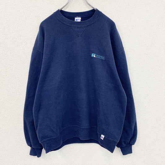 ～90s　RUSSELL ATHLETIC　ラッセルアスレチック　スウェット/トレーナー　前V　刺繍ロゴ　ワンポイント　紺　ネイビー　Lサイズ