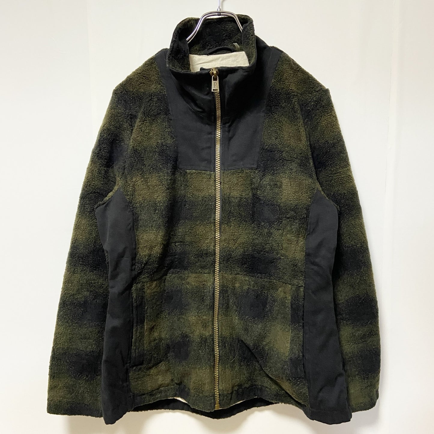 古着 used PENDLETON ペンドルトン　長袖フルジップフリース　ボアジャケット　オンブレチェック　黒緑　Ⅼサイズ　