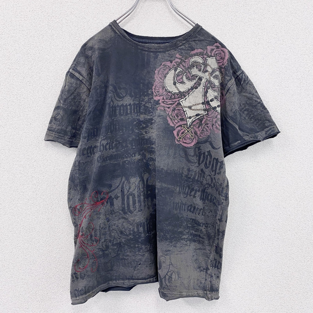 Affliction　アフリクション　半袖プリントTシャツ　スカル　ウオッシュ加工　ダークグレー　