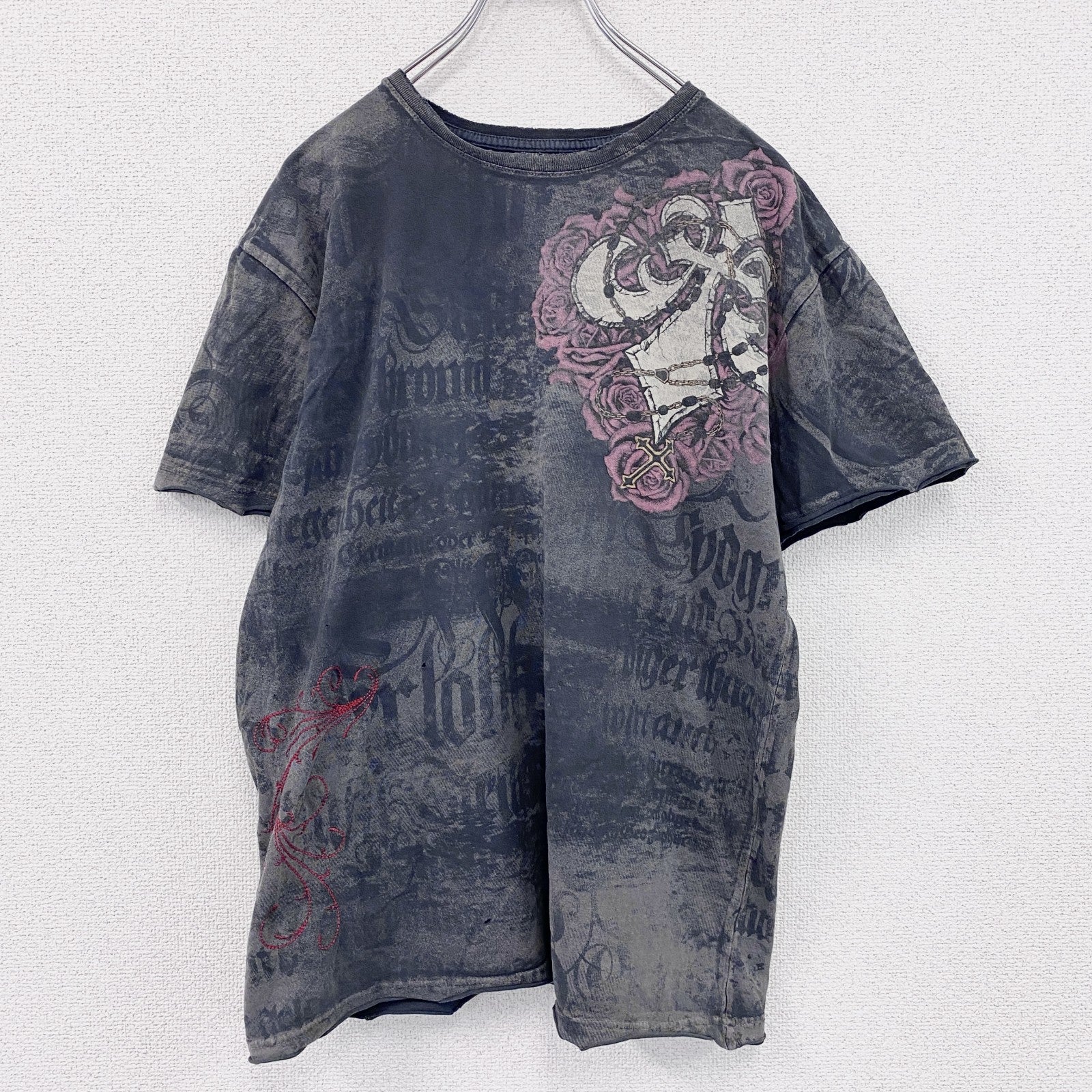 Affliction　アフリクション　半袖プリントTシャツ　スカル　ウオッシュ加工　ダークグレー　