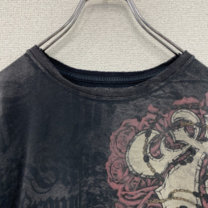 Affliction　アフリクション　半袖プリントTシャツ　スカル　ウオッシュ加工　ダークグレー　