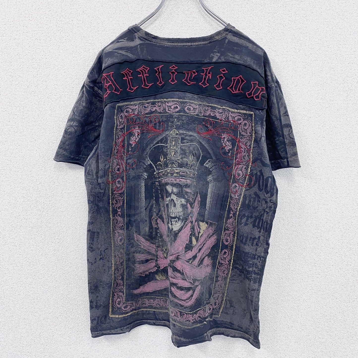 Affliction　アフリクション　半袖プリントTシャツ　スカル　ウオッシュ加工　ダークグレー　
