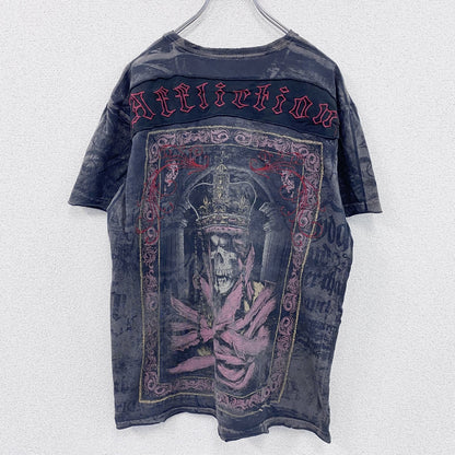 Affliction　アフリクション　半袖プリントTシャツ　スカル　ウオッシュ加工　ダークグレー　