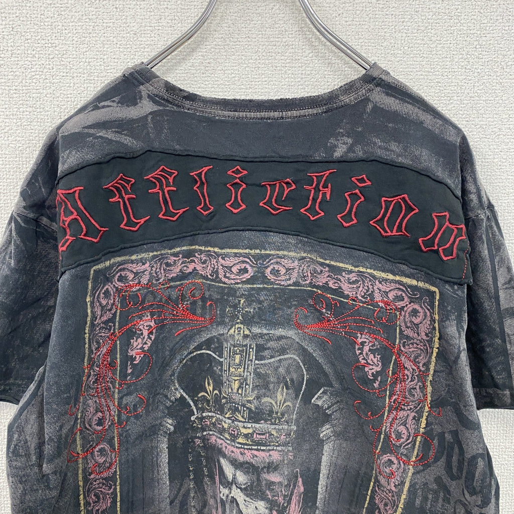 Affliction　アフリクション　半袖プリントTシャツ　スカル　ウオッシュ加工　ダークグレー　