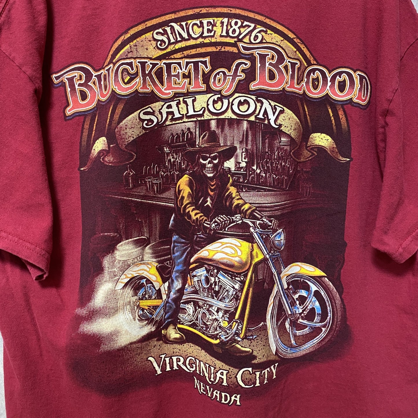古着 used　GILDAN　ギルダン　BUCKET of BLOOD　半袖プリントTシャツ　バックプリント　赤　Lサイズ