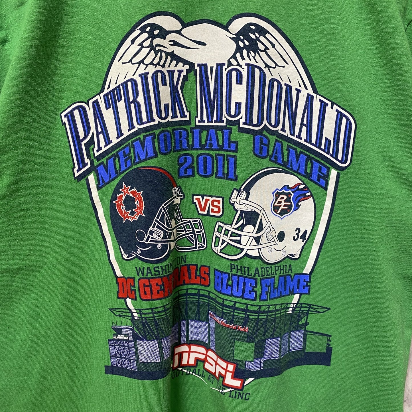 古着 used　アメフト　PATRICK McDonald 2011　半袖プリントTシャツ　スポーツ　グリーン　レトロ　Mサイズ