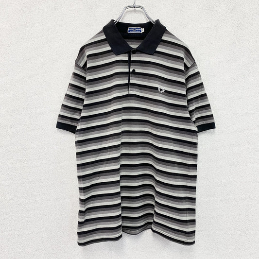 FRED PERRY　フレッドペリー　半袖ポロシャツ　刺繡ロゴ　ボーダー柄　黒　ブラック　グレー　Lサイズ