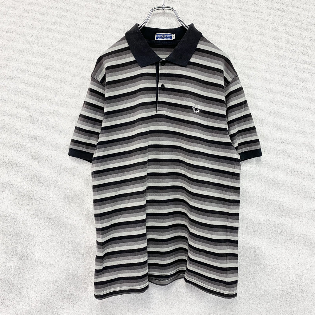 FRED PERRY　フレッドペリー　半袖ポロシャツ　刺繍ロゴ　ボーダー柄　黒　ブラック　灰色　グレー　Lサイズ