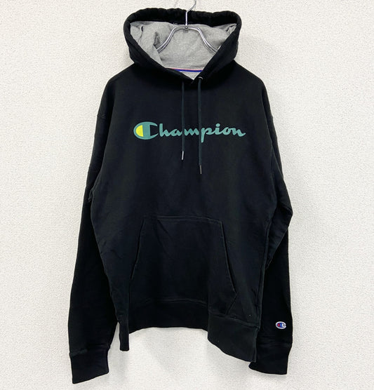 古着 used　champion　チャンピオン　プリントフーディー/スウェットパーカー　黒　ブラック　XLサイズ