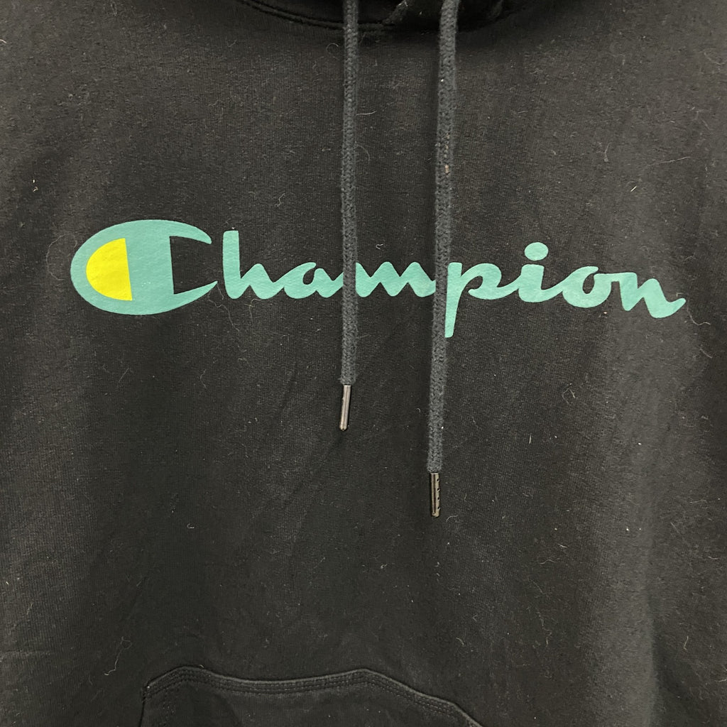 古着 used　champion　チャンピオン　プリントフーディー/スウェットパーカー　黒　ブラック　XLサイズ