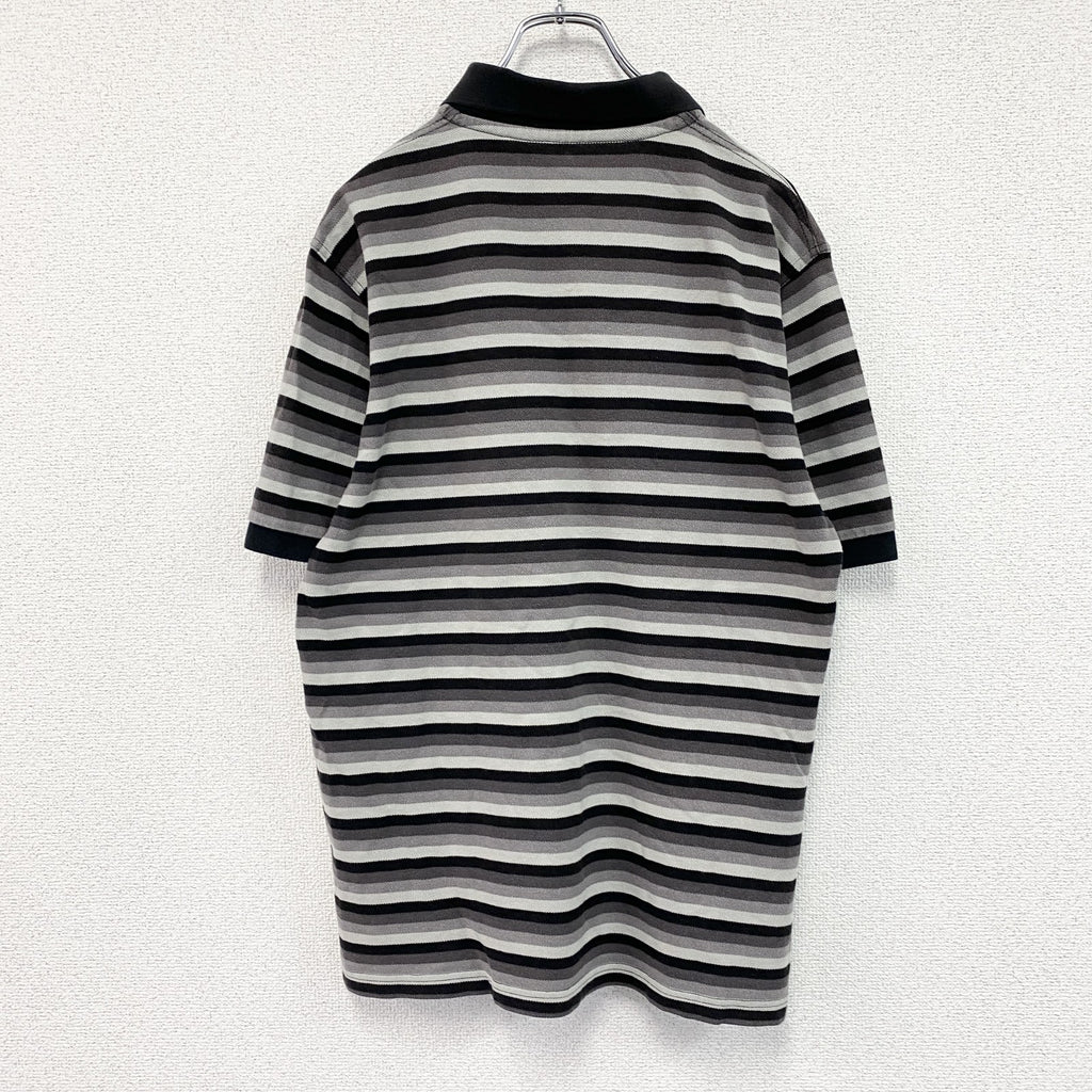 FRED PERRY　フレッドペリー　半袖ポロシャツ　刺繍ロゴ　ボーダー柄　黒　ブラック　灰色　グレー　Lサイズ