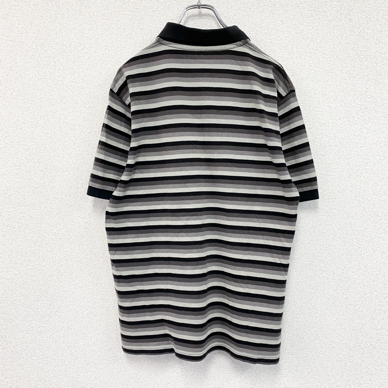 FRED PERRY　フレッドペリー　半袖ポロシャツ　刺繍ロゴ　ボーダー柄　黒　ブラック　灰色　グレー　Lサイズ