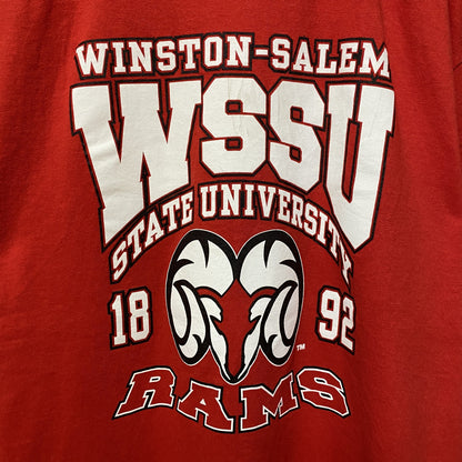 古着 used　GILDAN　ギルダン　WSSU　RAMS　半袖カレッジロゴプリントTシャツ　バックプリント　赤　Lサイズ