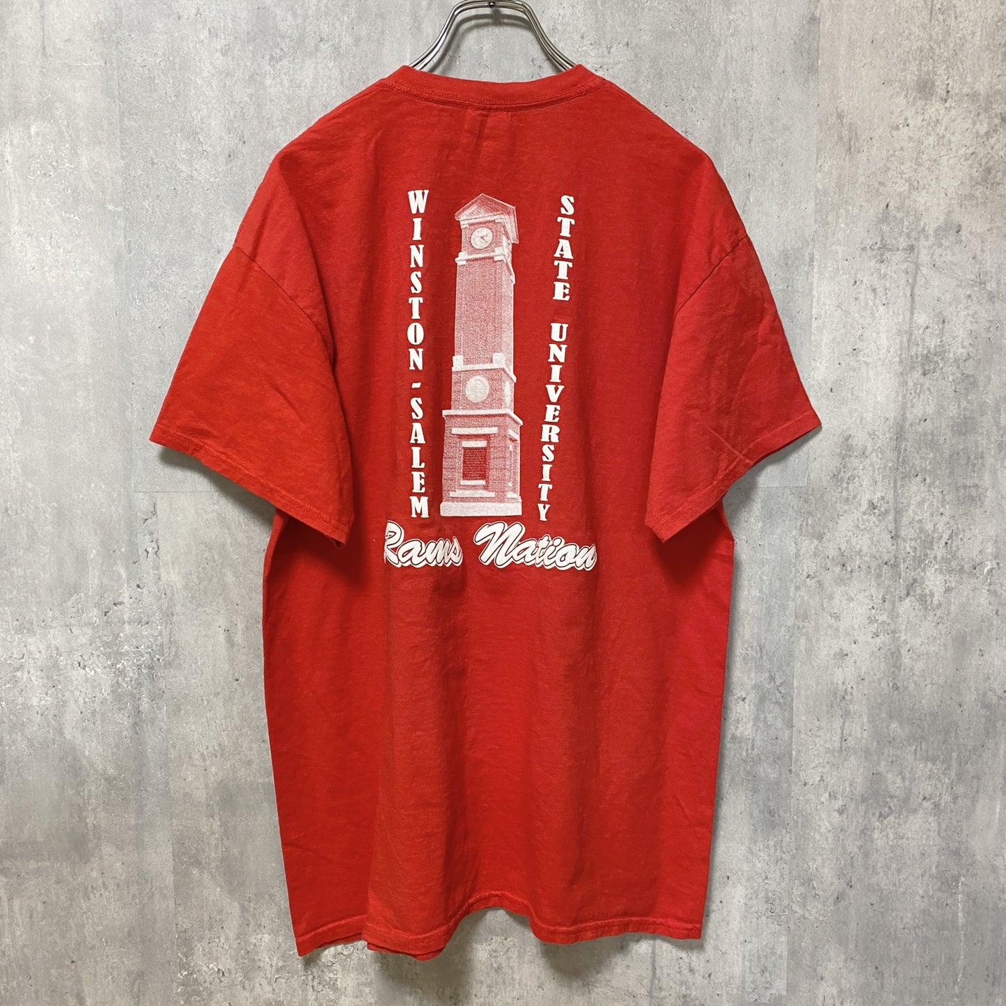 古着 used　GILDAN　ギルダン　WSSU　RAMS　半袖カレッジロゴプリントTシャツ　バックプリント　赤　Lサイズ