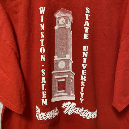 古着 used　GILDAN　ギルダン　WSSU　RAMS　半袖カレッジロゴプリントTシャツ　バックプリント　赤　Lサイズ