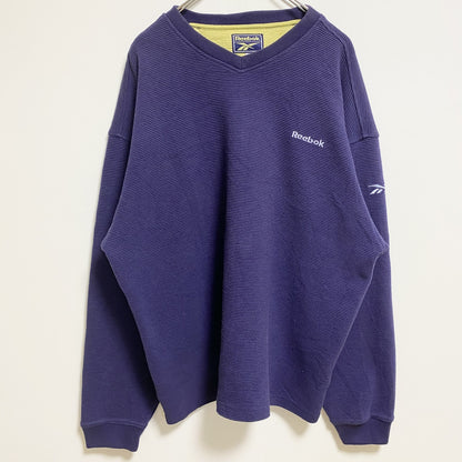 古着 used　Reebok　リーボック　長袖Vネックスウェット　トレーナー　ロゴ刺繍　ネイビー　ビッグシルエット　XLサイズ