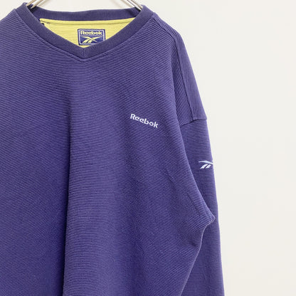 古着 used　Reebok　リーボック　長袖Vネックスウェット　トレーナー　ロゴ刺繍　ネイビー　ビッグシルエット　XLサイズ