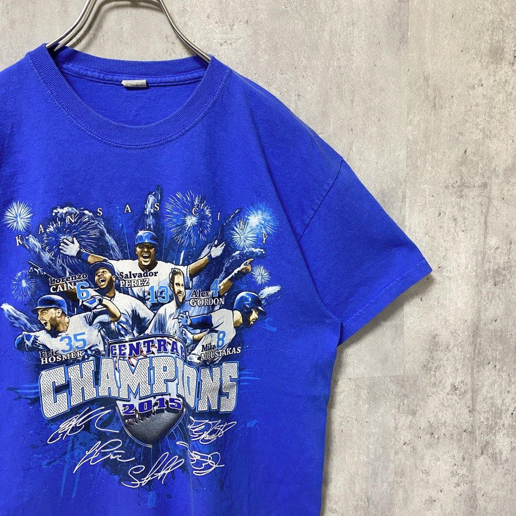 古着 used　GILDAN　ギルダン　MLB　半袖プリントTシャツ　スポーツ　野球　青　ブルー　レトロ　個性的