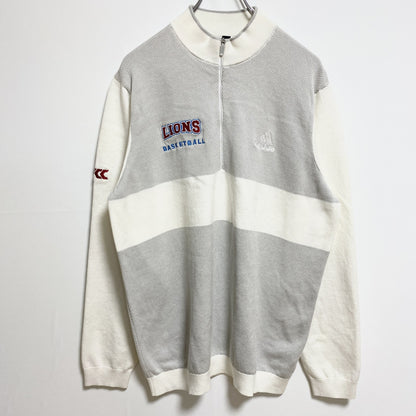古着 used　adidas　アディダス　長袖ハーフジップ薄手ニット　セーター　ワンポイント刺　バスケットボール　白　Lサイズ