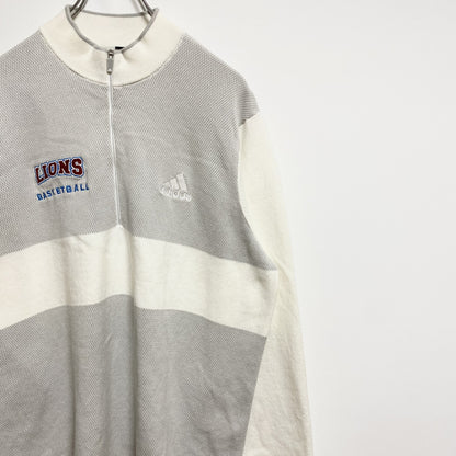 古着 used　adidas　アディダス　長袖ハーフジップ薄手ニット　セーター　ワンポイント刺　バスケットボール　白　Lサイズ