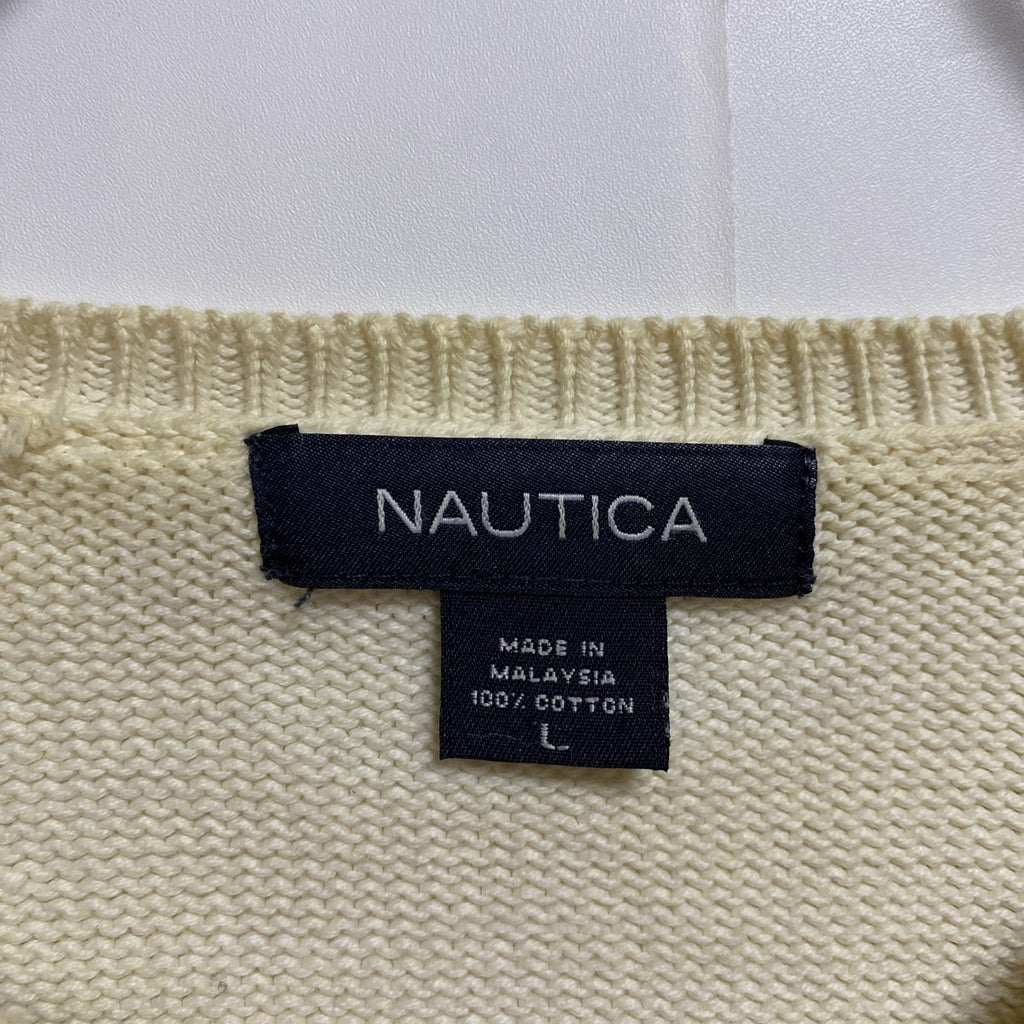古着 used　NAUTICA ノーティカ　長袖クルーネックニット　セーター　ワンポイント刺繍　白　シンプル　レトロ　Lサイズ