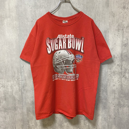 古着 used　GILDAN　ギルダン　Allstate SUGAR BOWL　半袖プリントTシャツ　赤　フットボール　Lサイズ