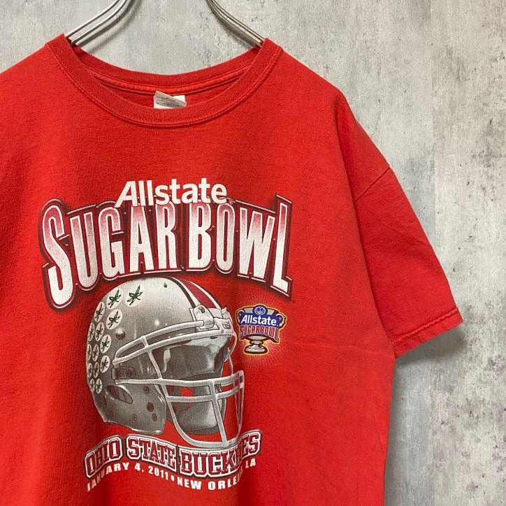 古着 used　GILDAN　ギルダン　Allstate SUGAR BOWL　半袖プリントTシャツ　赤　フットボール　Lサイズ