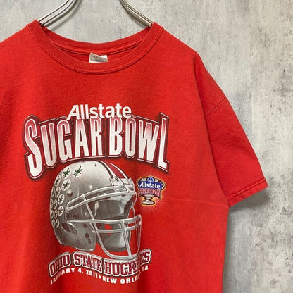 古着 used　GILDAN　ギルダン　Allstate SUGAR BOWL　半袖プリントTシャツ　赤　フットボール　Lサイズ