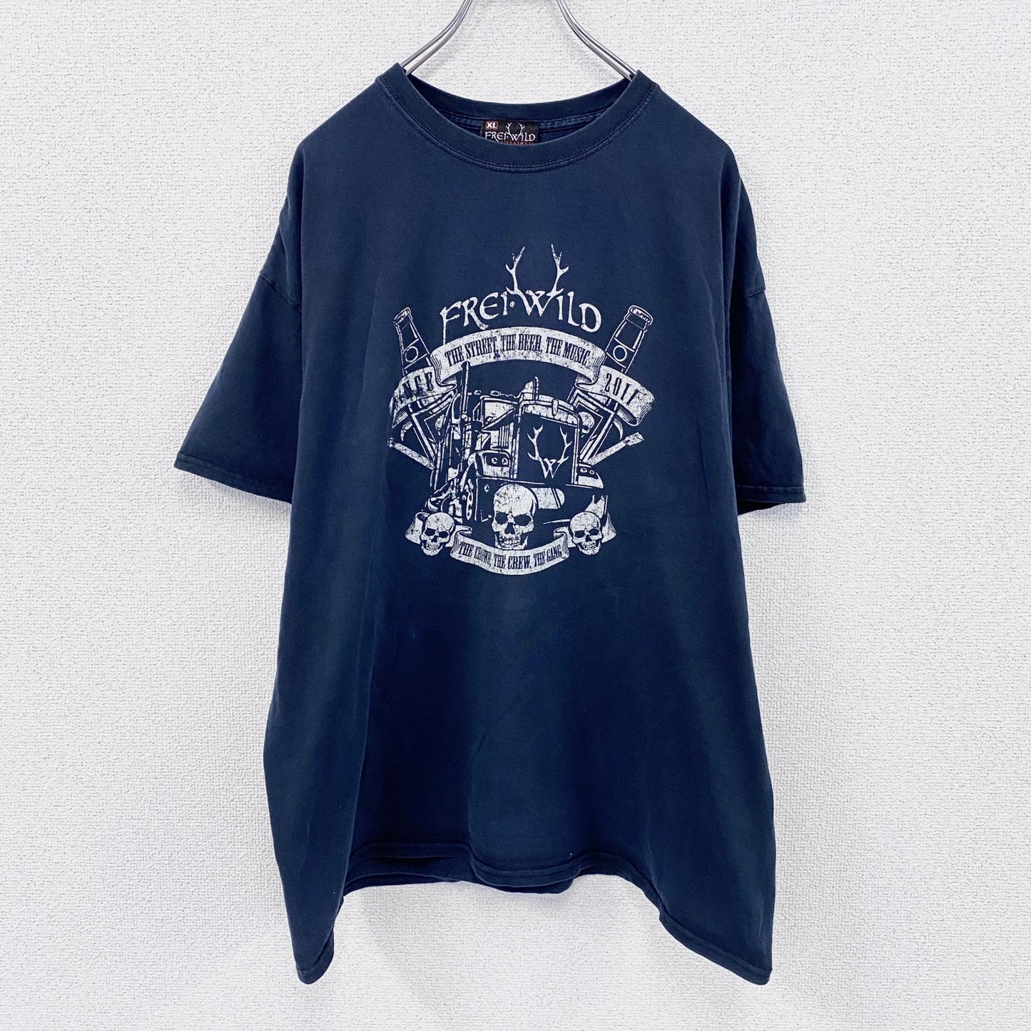 FREI WILD　フレイワイルド　半袖プリントTシャツ　バンドT　紺　ネイビー　XLサイズ　